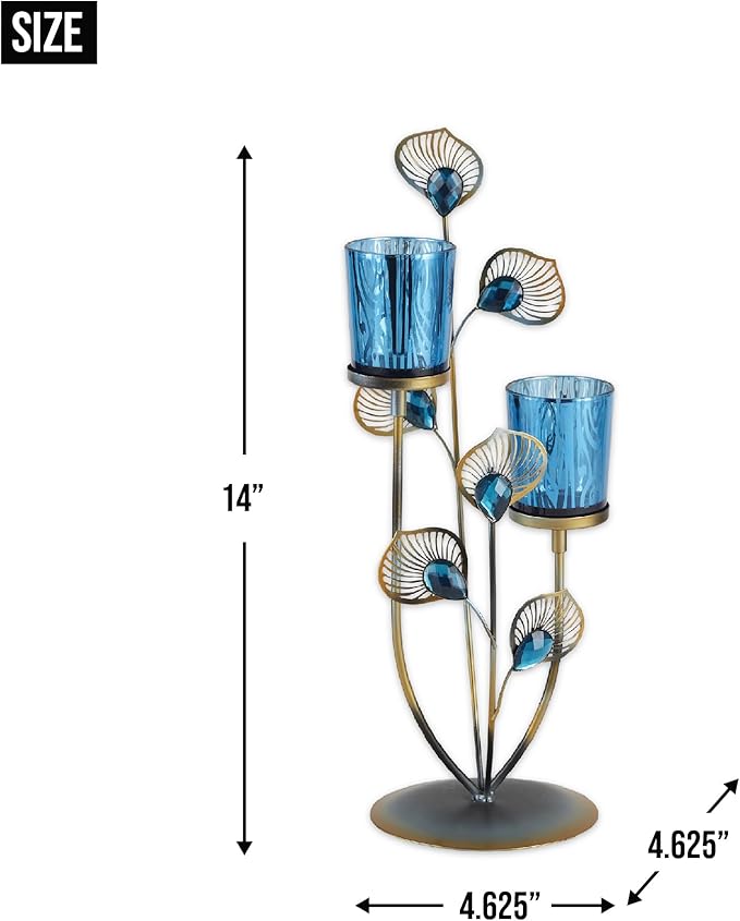 Zingz & Thingz Exotic Peacock Plume Collection Tealight & Candle Lighting, 4.625x4.625x14, Holder Duo