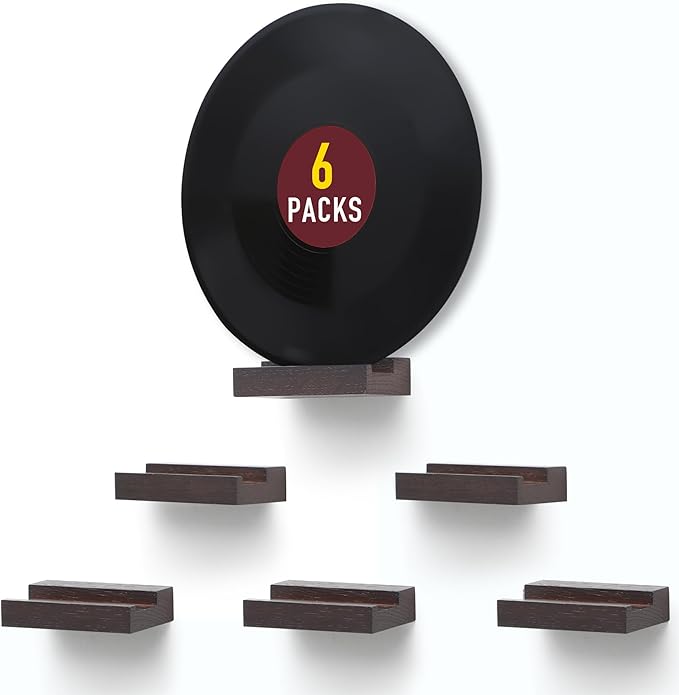 Wood Vinyl Record Shelf Wall Mount, Small Wall Record Holder Display Shelf, Vinyl Record Shelves Record Album Display Holder for LP, CD, Book Art Storage Vintage Home Decor (6, Dark Walnut)