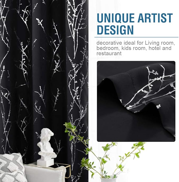 H.VERSAILTEX Blackout Curtains for Bedroom Foil Print Twig Tree Branch Thermal Insulated Grommet Curtain Drapes Light Blocking Thick Soft Window Curtains for Living 52 x 84 Inch, 2 Panels, Black