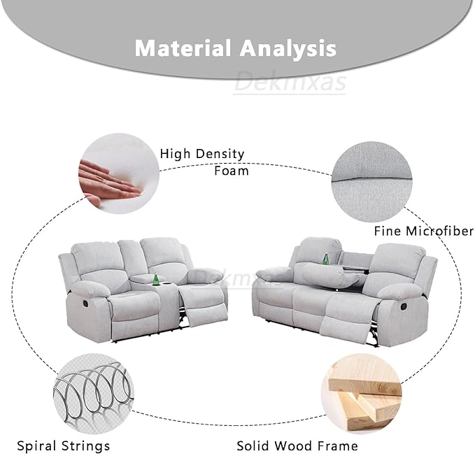 Living Room Furniture Sets 2PCS Fabric Recliner Sofa Set Modern Loveseat Couch Set Manual Reclining Sofa Set with Cup Holders/Storage Console for Living Room/Rv Car (Grey White, Sofa+Loveseat)