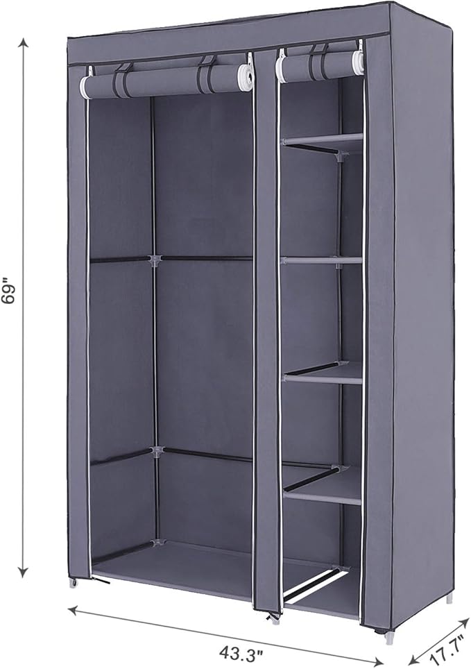 SONGMICS 43 Inch Portable Clothes Closet Wardrobe with Non-Woven Fabric and Hanging Rod Quick and Easy to Assemble Gray ULSF007G