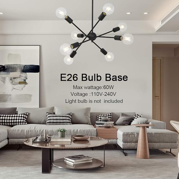 BONLICHT Black Sputnik Chandeliers 8 Light Vintage Industrial Semi Flush Mount Ceiling Light Mid Century Modern Pendant Lighting for Kitchen Dining Room Foyer Hallway