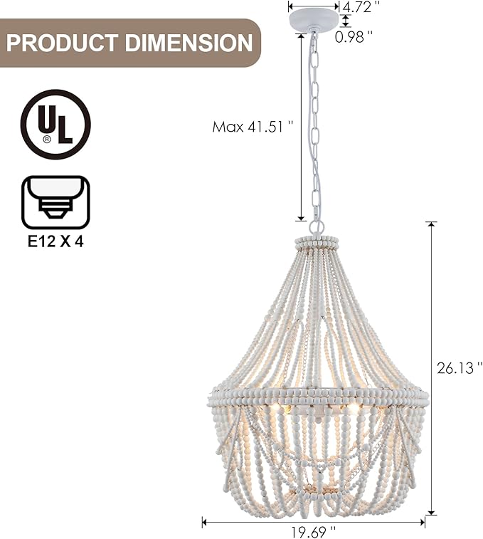 20” Bohemia Large Wood Beaded Chandelier Coastal French Country Chandelier Farmhouse Antique Pendant Light for Living Room Kitchen Island Dining Bedroom, Distressed White, UL Listed