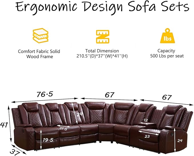 Power Recliner Sectional Sofa with LED Lighting, Breathing Leather Corner Couch with USB Port and Storage Console, Cup Holders, Reading Light – Home Theater & Living Room Seating (Red)