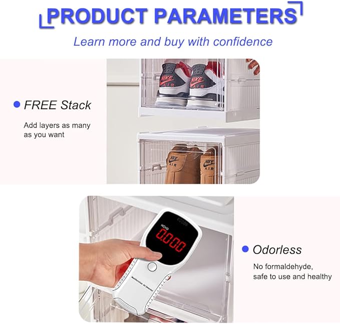 Shoe Rack Shoe Storage Box Bins Clear Collapsible Plastic Installation-Free Size up to 14, Stackable Foldable Tote with Lids Organizing Dustproof 6-Tiers