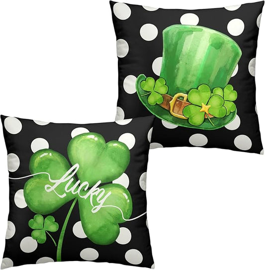 St Patricks Day Shamrock Pillow Covers 22 x 22 Set of 2 Lucky Clover Hat Throw Pillow Cases Black White Polka Dots Cushion Cover Holiday Decor for Sofa Couch