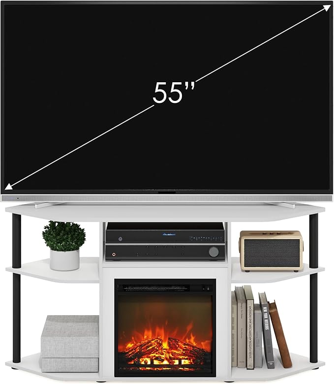 Furinno Jensen Fireplace TV Stand, Corner Entertainment Center, TV Console for TV up to 55 Inch with Fireplace, Plastic Poles and Open Storage, for Living Room, Bedroom, Solid White