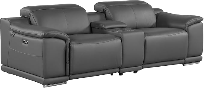 BlackJack Furniture Venice Top Grain Italian Leather Power Recline 8 Piece 5 Seater Sofa - 134" Theater Seating Modern Couch for Living Room Lounge with Adjustable Headrests & USB Port, Dark Grey