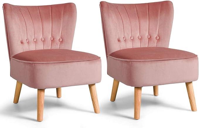 Giantex Set of 2 Modern Velvet Accent Chair, Small Upholstered Leisure Sofa Chair w/Wood Legs, Thickly Padded and Button Tufted, Armless Wingback Club Chairs for Living Room Bedroom Furniture, Pink