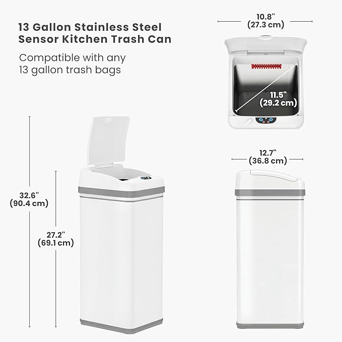 iTouchless 13 Gallon Motion Sensor Garbage Container with Odor Filter, 50L Touchless Stainless Steel Kitchen Bin, Smart Automatic Lid, Fingerprint-Proof, Pet-Safe Lock & Soft-Close, Brilliant White