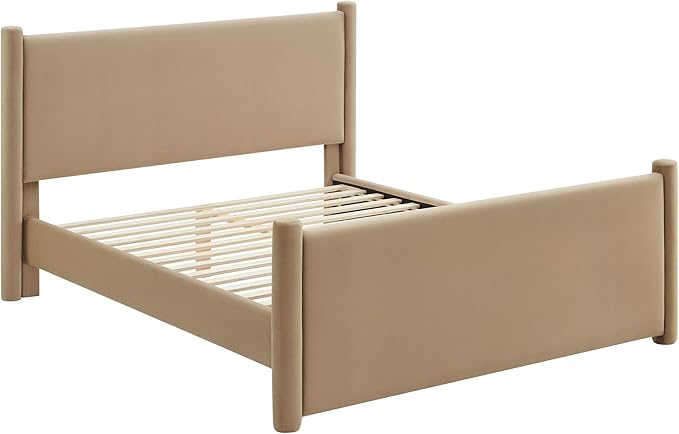Modway Rael Queen Platform Bed Frame with Upholstered Headboard and Footboard in Taupe – Stain-Resistant Performance Velvet Queen Size Bed with Rounded Posts