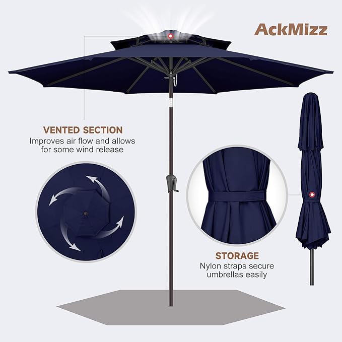 9FT Outdoor Patio Umbrella - 2 Tiers Table Umbrella Waterprool UV Protection, Sombrillas de Patio with Push Button Tilt, Sun Umbrella for Pool, Porch, Garden, Backyard (Navy Blue)