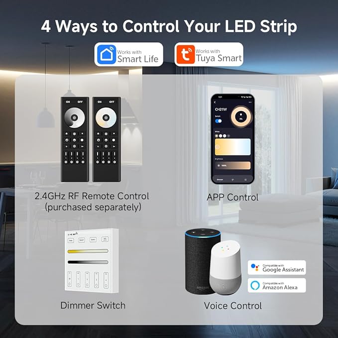 BTF-LIGHTING CH21W WiFi Bluetooth Smart LED Controller 20kHz High Frequency PWM Dimmer for No Flicker No Buzzing Single Color & CCT LED Strips Works with Alexa Google Home Smart Life App (No Remote)