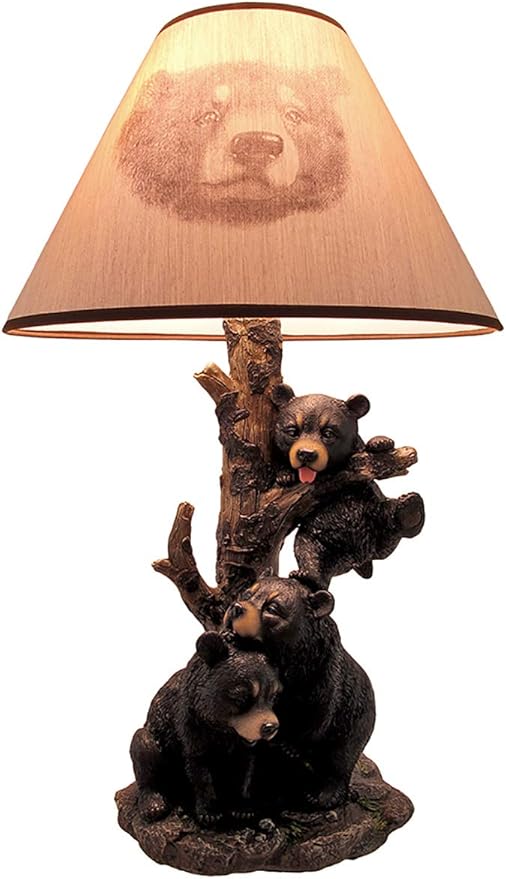 Zeckos Rustic Black Bear Family Table Lamp - Lodge-Inspired Home Lighting - 20" Tall Resin Construction - Charming Bear Face Print Shade - Ideal for Cabins and Dens