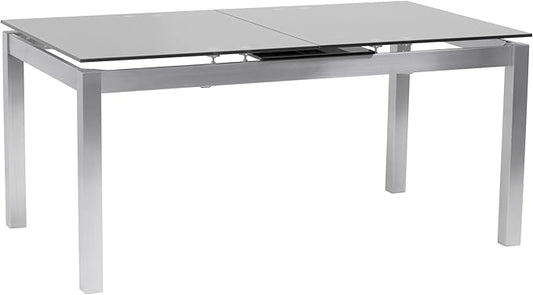 Armen Living Ivan Extendable Dining Table with Tempered Glass Top and Brushed Stainless Steel Finish, Gray, Dining Height