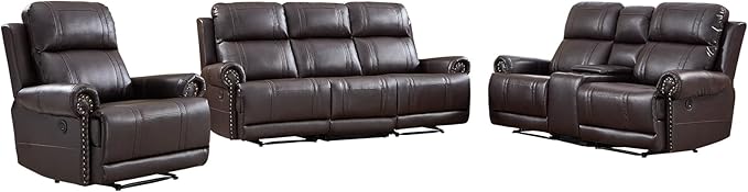 EBELLO Faux Leather Electric Reclining Sofa Set, Power Recliner Six Seats Sofa Set, a Chair, Loveseat and 3-Seat Sofa with Charging Ports, Vintage Rivet Design for Living Room, Meeting Room, Brown
