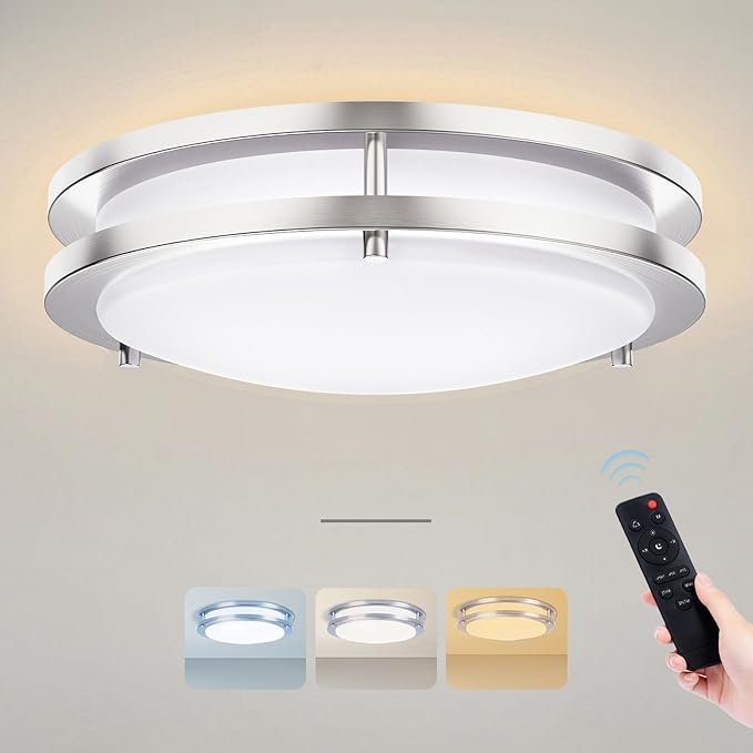 Flush Mount Ceiling Light with Remote: 10 Inch Lights Fixture, 3000K-4500K-6000K Adjustable 3 Color Temperature, Dimmable Lighting Fixtures for Kitchen Bedroom Hardwired Installation (Silver)