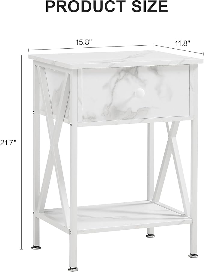 VECELO Night Stand Set of 2, End Tables with Drawer, 2-Tier Bedside Tables with X Shaped, Side Table Stand with Storage Shelf for Living Room/Bedroom,White