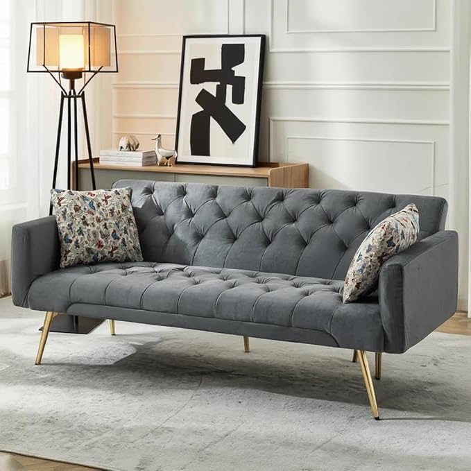 Futon Sofa Bed, Convertible Futon Couch with Adjustable Backrest, 68.31” Folding Sofa Bed with 2 Pillows & Metal Legs, Sleeper Loveseat with Armrest for Home Office, Dark Gray