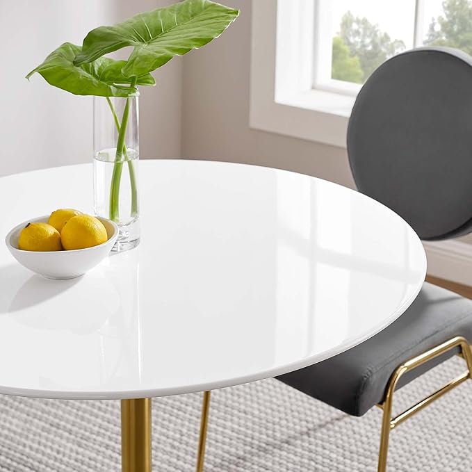 Modway Lippa 36" Mid-Century Modern Dining Table with Round Top in Gold White