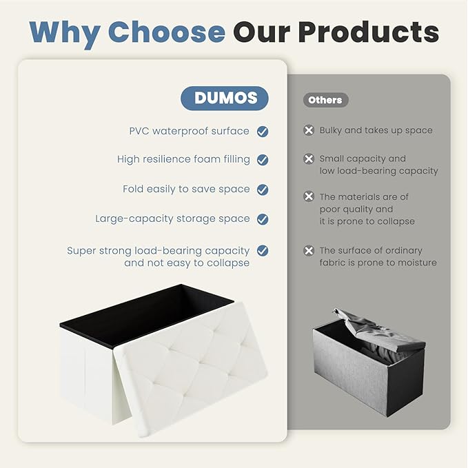 DUMOS 30 Inches Folding Ottoman with Storage Bench, Foot Rest Stool, End of Bed Storage Bench Upholstered, Load 660 lbs, for Living Room, Lychee Grain Leather, Beige