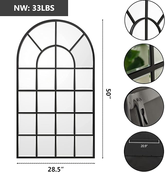 Black Arched Window Mirror, Large Window Pane Mirror with Beveled, Metal Framed Windowpane Mirrors, 28.5" X 50" Arched Wall Mirrors for Wall Decor, Entryway, Living Room