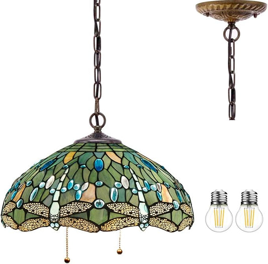 WERFACTORY Tiffany Pendant Light Fixture Sea Blue Stained Glass Dragonfly Hanging Lamp Wide 16 Inch, Height 40 Inch S147 Series