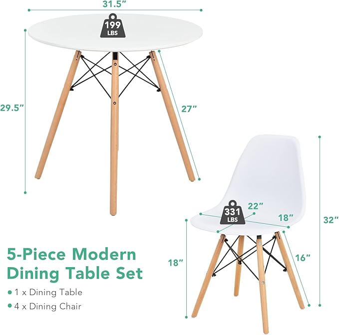 Giantex Round Dining Table Set for 4, 5-Piece Kitchen Table Chairs Set, Modern 31.5" D Dining Table & 4 Dining Chairs with Solid Wood Legs, Dinette Table Set for Small Spaces Dining Room Restaurant