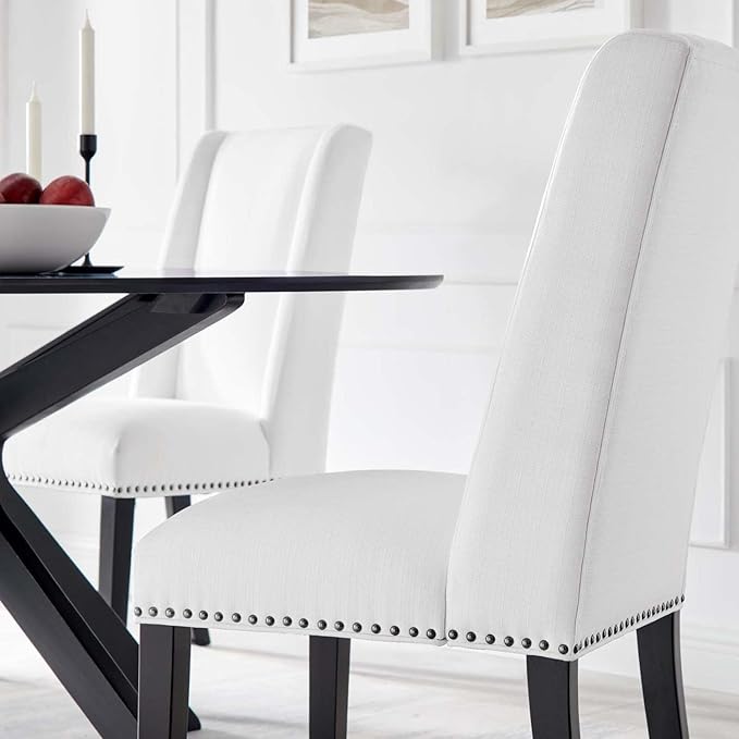 Modway Baron Upholstered Fabric Tall Back Dining Parsons Chair with Nailhead Trim in White 23.5 x 19.5 x 40