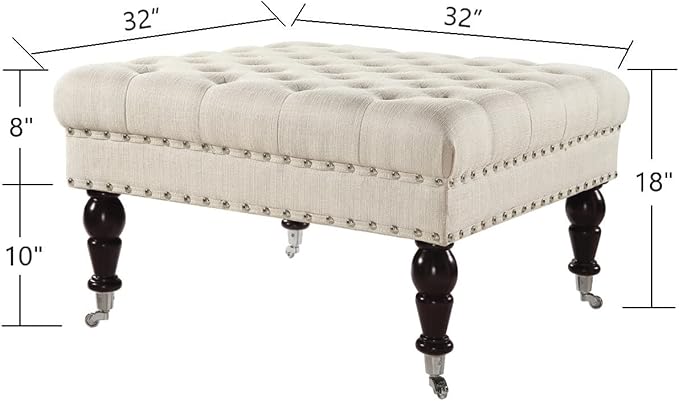 24KF Large Square Upholstered Tufted Button Linen Ottoman Coffee Table, Large Footrest Bench with Casters Rolling Wheels-Ivory