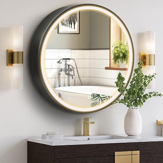 Movo Black Round LED Medicine Cabinet, 3 Color Lighting Dimmable,20 Inch Circle Front Lighted Medicine Cabinet with Defogger, Wall Mounted Illuminated Storage Cabinet for Bathroom