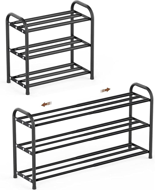 Expandable Shoe Rack, 3 Tier Adjustable Shoe Organizer Shelf for Closet,Slim Narrow Black Metal Free Standing Shoe Rack Storage for Small Space, Entryway, Hallway