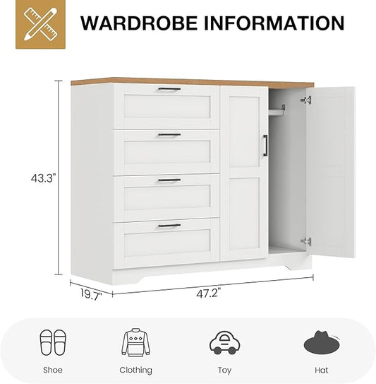 IDEALHOUSE 43.3'' H Armoire Wardrobe Closet with 4 Drawers and 2 Doors, Hanging Rod, Multifunctional Wooden Dresser with Storage Closet, Bathroom Cabinet for Bedroom, White
