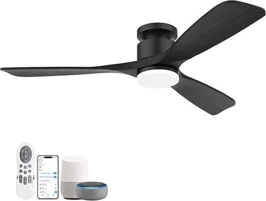 52 Inch Smart Low Profile Ceiling Fan,Solid Wood Ceiling Fan with Lights Remote,Outdoor Indoor Flush Mount,WIFI Alexa App Control,Quiet DC Motor,Dimmable,Modern Ceiling Fan for Bedroom Patio,Black