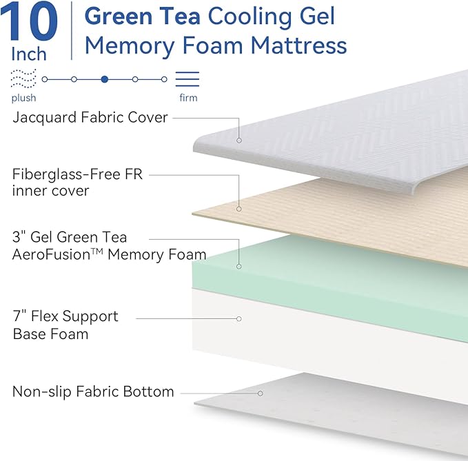 Opoiar RV Mattress King 10 Inch Memory Foam Mattress, Cooling Green Tea/Gel Firm Bed Mattress in a Box for Camper/Trailer/Truck, Certified Mattress Made in USA 80'' x 72''
