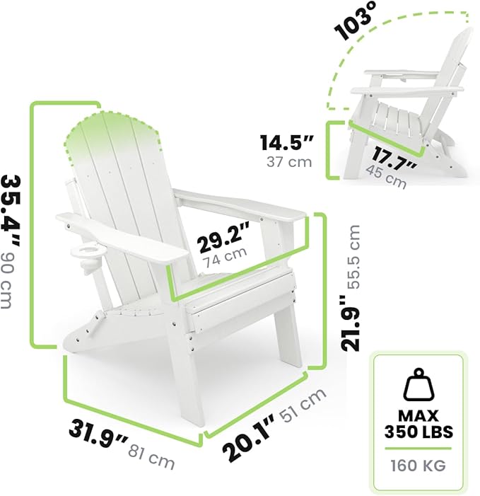 Adirondack Folding Chair for Garden, Patio or Deck - Arm Rests and Cup Holder - Lightweight, Weatherproof - Stylish, Durable Outdoor Furniture for Fire Pit, Beach, Poolside, Porch (White)