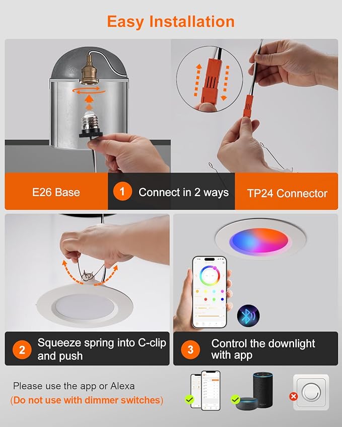 DUSKTEC Smart Recessed Lighting 6 Inch - RGBCW Color Changing LED 13W Can Light Retrofit Recessed Lights 1050 Lumen Dimmable Recess Light Compatible with Alexa & APP Recess Ceiling Lights 12 Pack