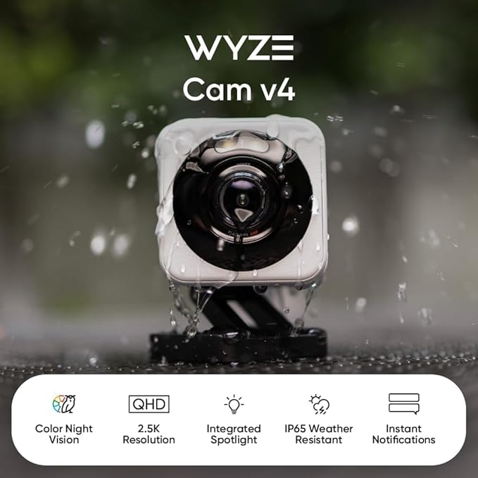 WyzeCam v4 with 20ft Extension Cable, 2.5K QHD IP65 Indoor/Outdoor Home Security Camera w Night Vision, Spotlight & Siren, 2-Way Audio, Baby/Pet Monitor, Works with Alexa & Google Assistant, Grey
