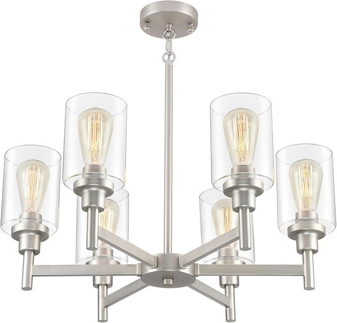 Brushed Nickel Chandelier | 6 Lights Farmhouse Chandeliers for Dining Room Light Fixtures Over Table | Hallway Lighting with Clear Glass Shade for Living Room | Kitchen | Entryway | Bedroom | Bathroom