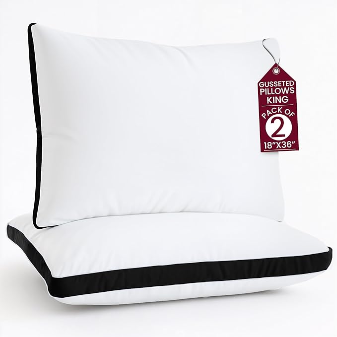 LUX Décor Gusseted Style Soft Hotel Pillows Set of 2 – for Side, Stomach & Back Sleepers - Down Alternative Hotel Bed Pillows – 100% Microfiber Cover, Virgin PSF Fill – Black, King 36x18