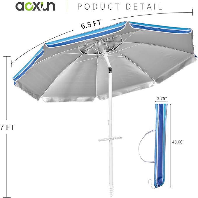 Aoxun 6.5ft Beach Umbrella with Tilt Pole, Portable Sand Anchor and Carry Bag, UPF 50+ Sun Shelter Air Vents Design for Outdoor Activities (Navy Blue & White)