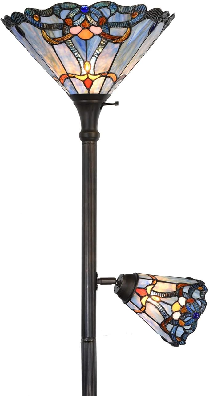Bieye L10686 Baroque Tiffany Style Stained Glass Torchiere Floor Lamp with Sidelight for Reading Home Decor, 71-inch Tall