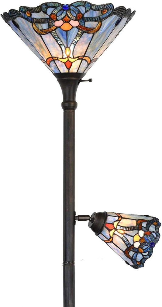Bieye L10686 Baroque Tiffany Style Stained Glass Torchiere Floor Lamp with Sidelight for Reading Home Decor, 71-inch Tall