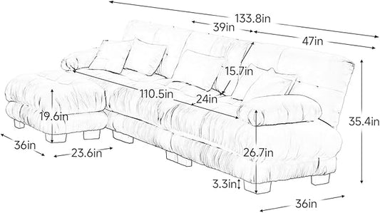 133.8" L-Shaped Cloud Couch, Oversized Modular Sectional Sofa, Deep Seat Cloud Boneless Couch, 3-Seat Modular Sectional Sofa with Ottoman or Living Room,Bedroom and Apartment, Gray