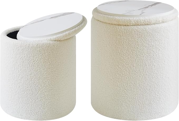 IBUYKE Storage Ottoman Set of 2 Round Ottoman Fleece Vanity Stool with Storage Velvet Footrest Stool End Table Boucle Ottoman for Home Organization UWBD015W