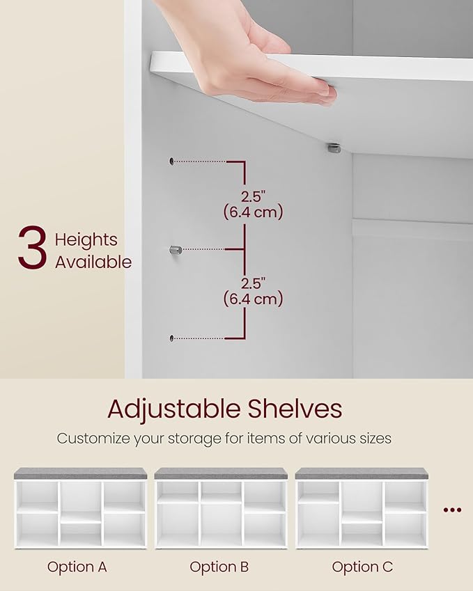 VASAGLE Shoe Bench with Cushion, Shoe Storage Bench with 6 Compartments and 3 Adjustable Shelves, Entryway Bench with 3 Storage Boxes, for Bedroom, Closet, Living Room, Cloud White ULSB101W14