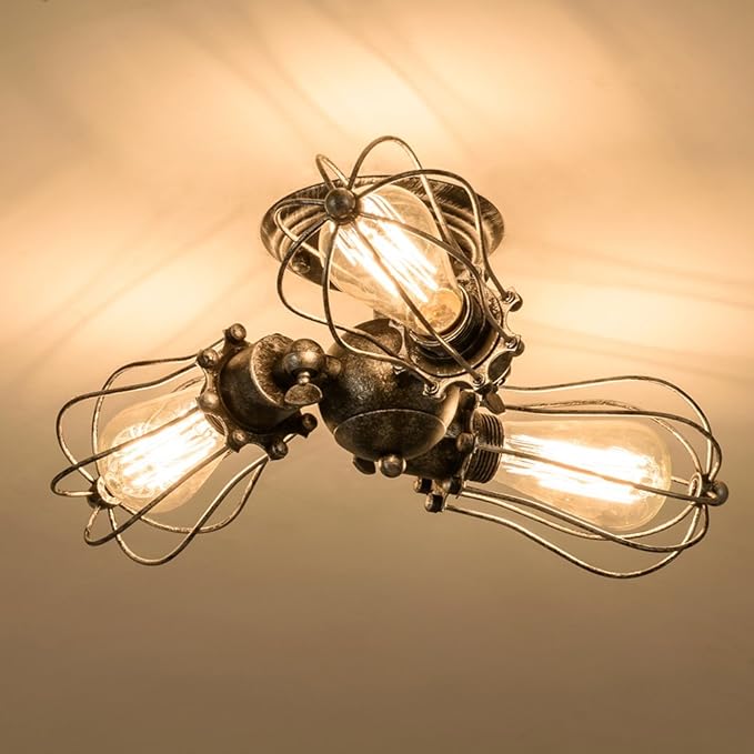 Vintage Ceiling Light Industrial Rotatable Semi-Flush Mount Ceiling Light Metal Lamp Fixtures Painted Finish (with 3 Light) (Silver)