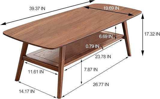 Ball & Cast 39.37" Solid Wood Coffee Table, Mid Century Center Table with Shelf Storage, 2-Tier Small Coffee Table with Rounded Edges for Living Room, Easy to Assemble,Walnut