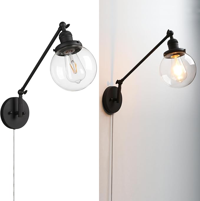 PERMO Industrial Wall Sconce Plug in Sconce Swing Arm Wall Light Fixture with 5.9" Glass Globe Shade for Bedroom, Living Room Office (Matte Black)