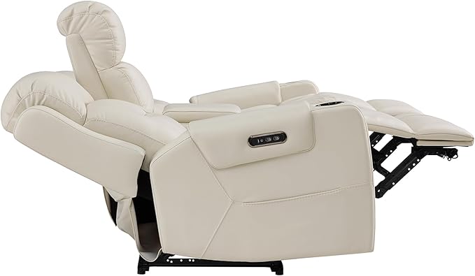 Watson & Whitely Genuine Leather Power Reclining Sofa, 3-Seater Lay Flat Recliner Sofa with Power Headrest, Cup Holders, USB & Type-C Ports, Electric Reclining Couch for Living Room, Cream